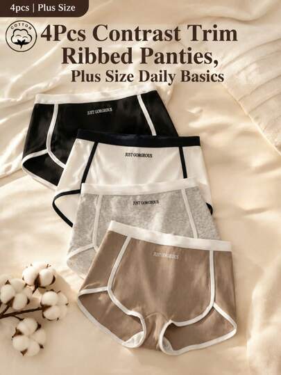 4 Stücke Damen-Boxershorts in Große Größen aus Baumwolle mit Rippstrick, kontrastierendem Saum und Buchstabenprint, mittlere Taille, einfarbige Basic-Unterwäsche für den Alltag