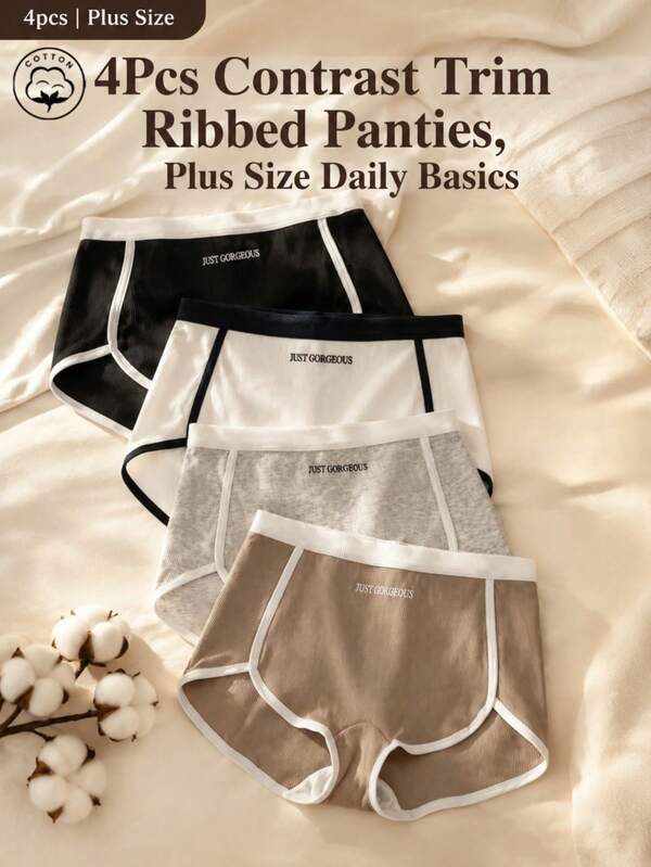 4 Parça Büyük Beden Kadın Pamuklu Fitilli Örme Boxer Brief İç Çamaşırı Seti, Kontrast Kenarlı Harf Baskılı Orta Bel, Düz Renk Temel Günlük İç Giyim