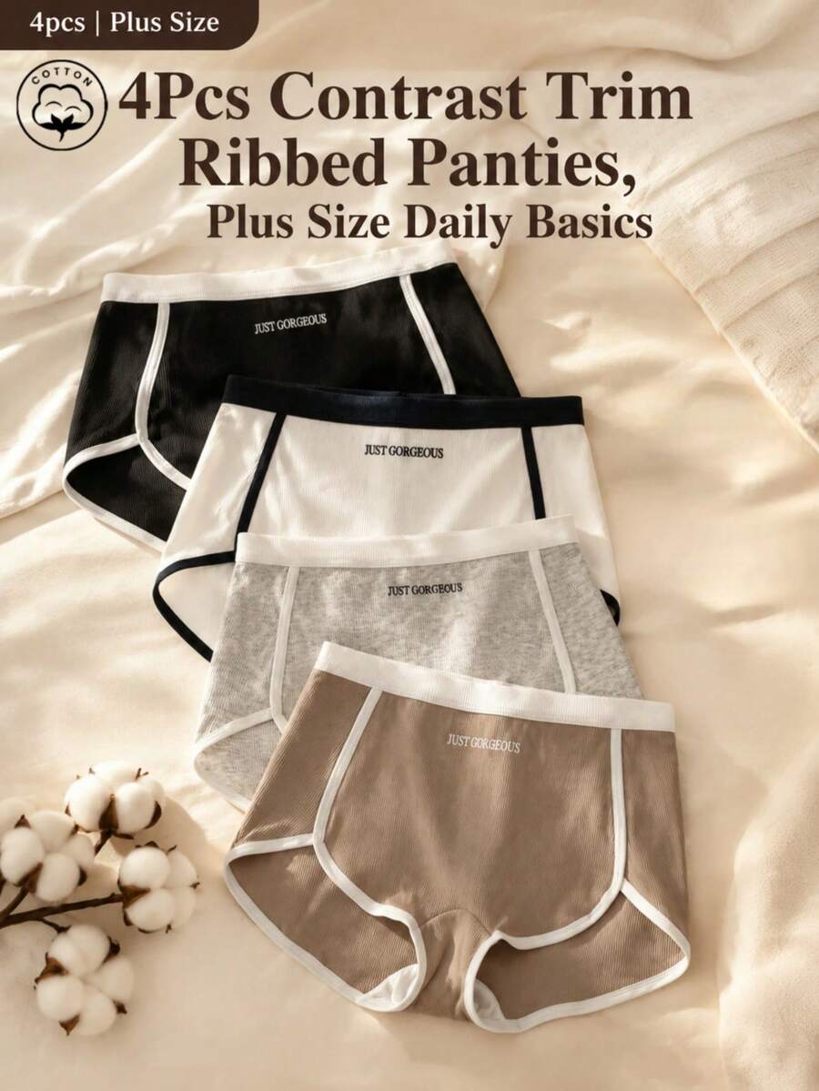 4 Stücke Damen-Boxershorts in Große Größen aus Baumwolle mit Rippstrick, kontrastierendem Saum und Buchstabenprint, mittlere Taille, einfarbige Basic-Unterwäsche für den Alltag - Verschiedenfarbig - Übersicht 1