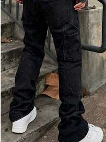 Men's Street Washed Elastic Slim Fit Boot Shaped Pants With Star Pattern Embroidery Design Suitable For Attending Concerts, Parties, And Gatherings - Black - View 3