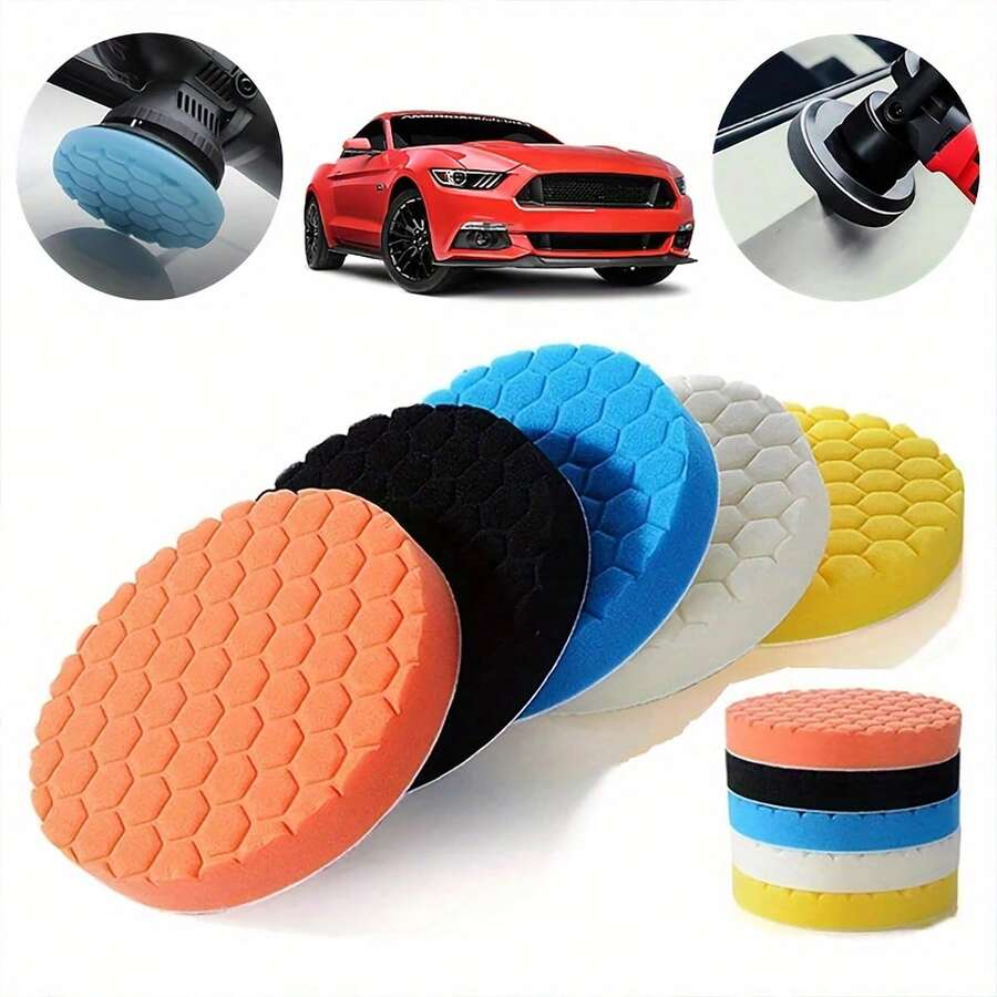 5件裝高級汽車與船用拋光海綿 5/6/7英吋 六角波紋圖案 可水洗重複使用 適用於打蠟、拋光與封釉 - A - 查看 1