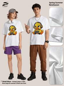 Herren Sommer Lässig Weiches Rundhals Kurzarm-Shirt,Niedlicher Gamer Ente mit Headset Controller Lebendiger Cartoon Muster Grafik Geeignet für Street Da - Weiss - Übersicht 3