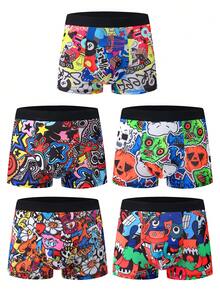 10 cái/gói quần boxer nam in họa tiết graffiti phong cách, cạp vừa thân thiện với da, quần đùi nam họa tiết hoạt hình - Nhiều màu - Xem 10