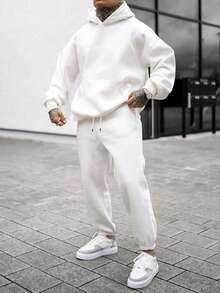 Men's Regular Fit Solid Color Lightweight Sweatshirt And Sweatpants 2 Pieces Set, Spring/Autumn - White - View 2