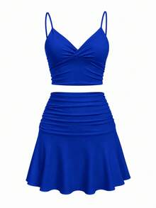 Cross-Border Hot-Selling Women's 2 Pieces Set, Bodycon Mini Skirt, Spaghetti Strap Set Summer Elegant - Blue - View 9