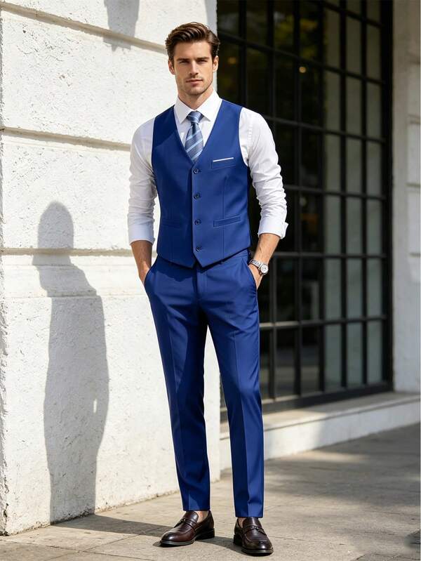 WindsorQuad Men's 3 PiecesSuit Set, Elegant Solid Color Slim Fit Gentleman Vest Pants Tie Set, Business Commute Wedding Party Ball