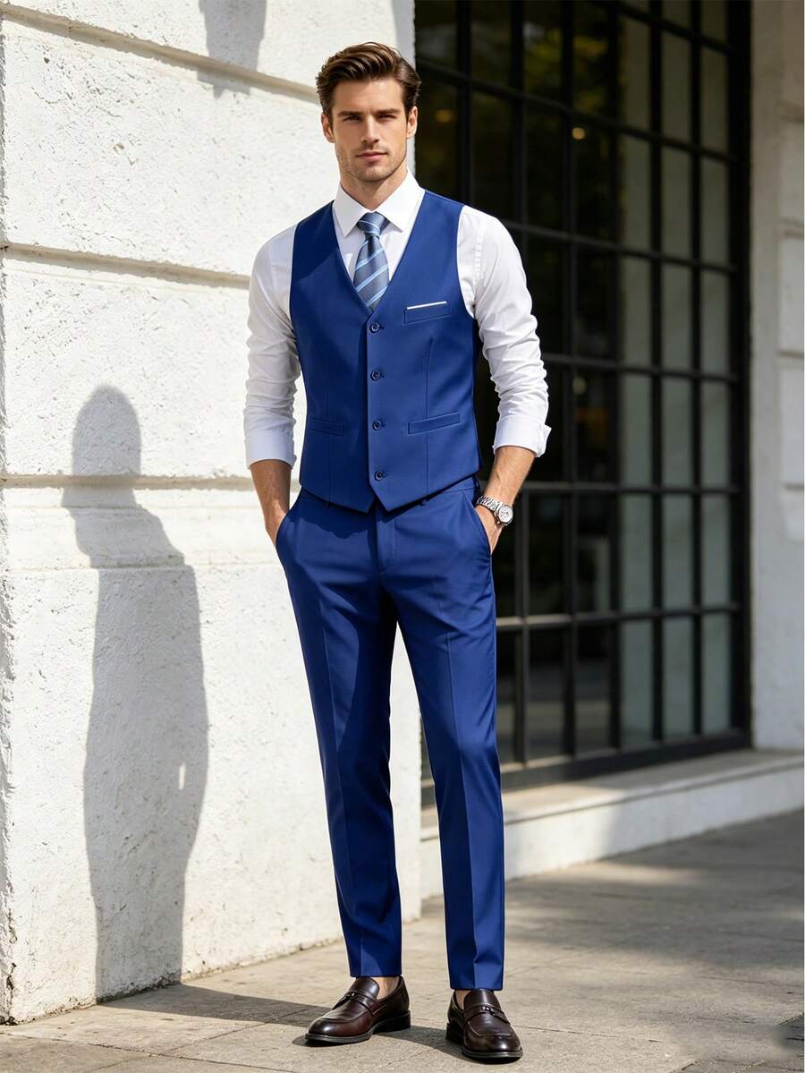 WindsorQuad 男士三件套西裝套裝,優雅純色修身紳士背心長褲領帶套裝,商務通勤婚禮派對舞會適用 - 寶藍色 - 查看 1