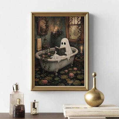 1pc Framed/Unframed Moody Whimsical Ghost Reading Book In Bathtub Canvas Poster Vintage Spooky Halloween Dark Cottagecore Bathroom Wall Art Print Gothic Toilet Fall Decor Painting For Dorm,Living Room,Bedroom,Modern Home Decoration