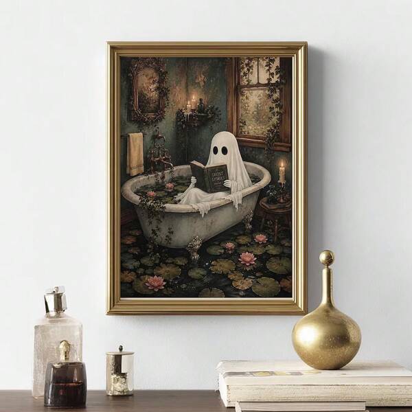 1pc Framed/Unframed Moody Whimsical Ghost Reading Book In Bathtub Canvas Poster Vintage Spooky Halloween Dark Cottagecore Bathroom Wall Art Print Gothic Toilet Fall Decor Painting For Dorm,Living Room,Bedroom,Modern Home Decoration