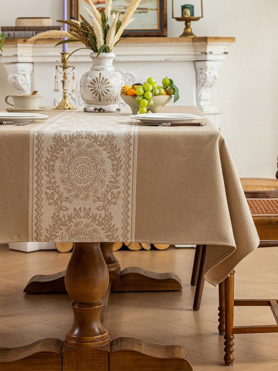 1pc Floral Pattern Beige & Brown Table Cover, Minimalist Nordic Style Tablecloth, Square Tabletop Protector Dustproof Tablecloth, Suitable For Kitchen, Wedding, Coffee Table - Coffee Brown - View 1