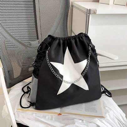 2026 Nueva Mochila Elegante Dulce y Fresca con Estampado de Estrellas y Cordón, Bolsa de Cordón Universal para Estudiantes Femeninas