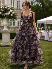 Perirose Women's Purple Romantic Cottagecore Floral Print Tie Spaghetti Strap Multi Layered Tiered Ruffle Maxi Dress Summer Fall Wedding Guest Vacation Party - Black - View 6