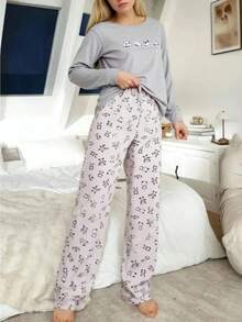 Women's Printed Pajama Set Fabric Soft Breathable Comfortable Sleepwear And Loungewear Set - Light Grey - View 1