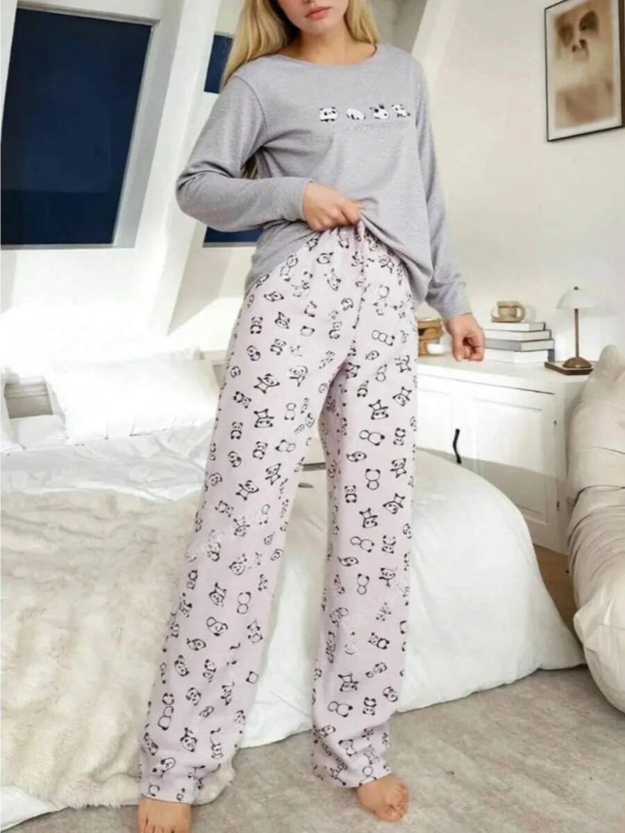 Women's Printed Pajama Set Fabric Soft Breathable Comfortable Sleepwear And Loungewear Set - Light Grey - View 1