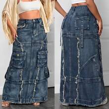 Rok Jeans Wanita Pinggang Tinggi Denim Robek Maxi - Biru - View 1
