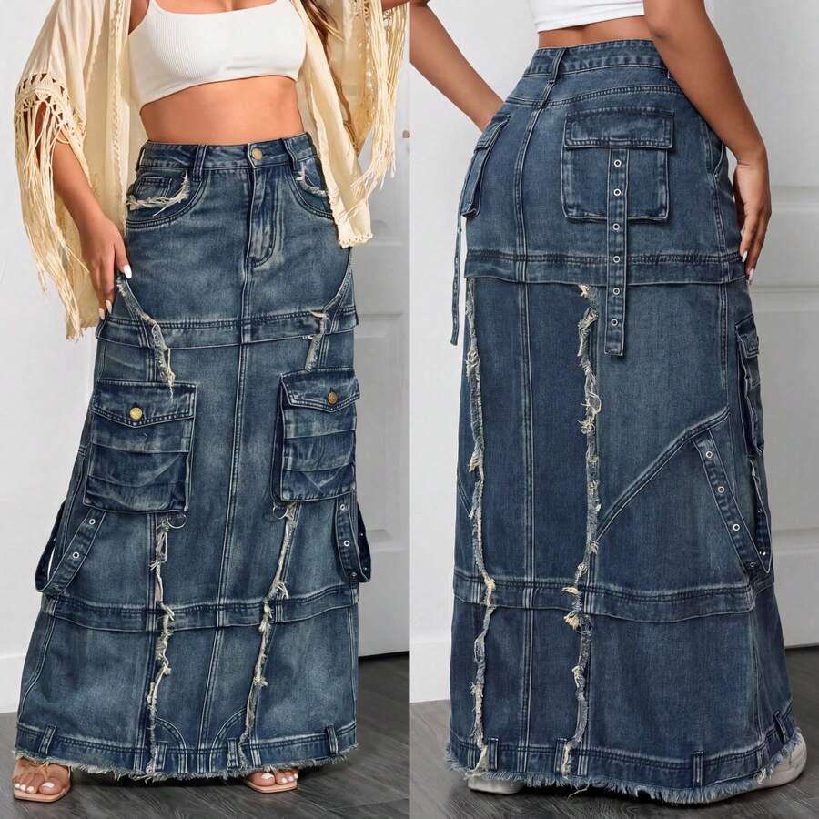 Rok Jeans Wanita Pinggang Tinggi Denim Robek Maxi - Biru - View 1