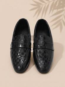 1 Pair Kids All-Season Black Pointed Toe Slip-On Loafers Crocodile Embossed Lace-Up Dress Shoes Suitable For Semi-Formal Occasions - Black - View 5