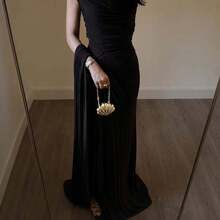 Spring And Autumn Women's Folded Ribbon Sparkling Evening DressLoose And Comfortable - Black - View 3