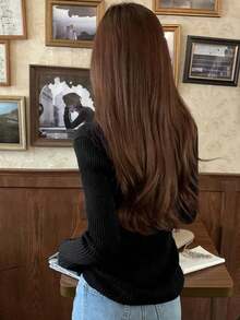 Atasan Dalaman Rajut Bergaris Leher V Slim Fit Wanita Musim Semi, Lengan Panjang, Blus Kasual Serbaguna dan Menawan untuk Acara Santai, Hitam - Hitam - View 8