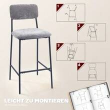 Set Of 2 High Upholstered Bar Stools, Perfect For A Kitchen Counter Or Home Bar. Backrest, Footrest, Fabric Upholstery, Grey Steel Frame. - Grey - View 4