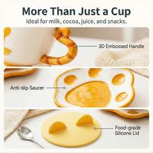 Hand Glazed Embossed Pattern Ceramic Coffee Mug Set Shaped Cup With Tail Handle Paw Print Coaster Silicone Lid Stainless Steel Spoon Novelty Kitchen Tabletop Drinkware - Yellow - View 1