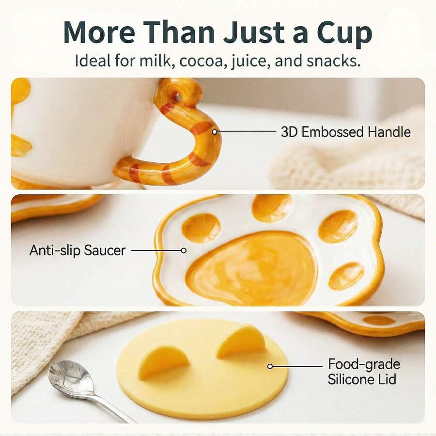 Hand Glazed Embossed Pattern Ceramic Coffee Mug Set Shaped Cup With Tail Handle Paw Print Coaster Silicone Lid Stainless Steel Spoon Novelty Kitchen Tabletop Drinkware - Yellow - View 1