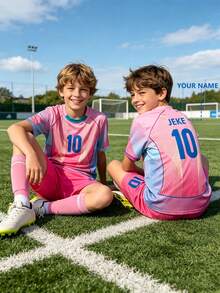 Customizable New Pink Soccer Jersey Set #10, Personalized Name Customization, Polyester And Spandex Crew Neck Top With Slight Stretch, Unisex, Suitable For Soccer Party, Weekend Casual, Running, Yoga, Hiking -- Spring/Summer Sportswear, Suitable For Outdoor Activities, Breathable - Pink - View 5