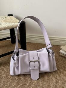 Bolso de hombro de moda dulce para dama, bolso de estilo coreano fresco para llevar bajo el brazo con remaches, hebilla, forma cuadrada, diseño plisado, gran capacidad - Púrpura malva - Ver 11