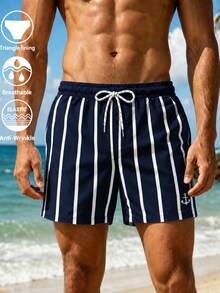 男士皇家藍條紋錨印抽繩彈性腰斜口袋網布內裡時尚休閒度假沙灘短褲 - 彩色 - 查看 1