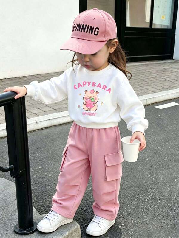 Baby Girl Cartoon Print Warm Crew Neck Sweatshirt And Cargo Pants
