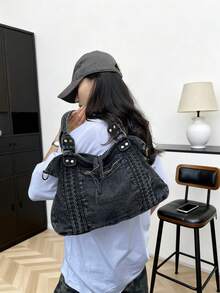 Bolso Tote de Mezclilla Lavada para Mujer con Ribete Trenzado, Remaches Metálicos, Correa Cruzada Desmontable, Gran Capacidad, Vintage Casual para Escuela, Uso Diario, Compras y Viajes - Negro - Ver 3