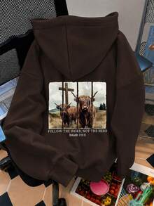 Cow Print Sweatshirt, Plus Size Women's Casual Autumn/Winter Long Sleeve Pocket Sweatshirt Sweatshirt Brown - Brown - View 2