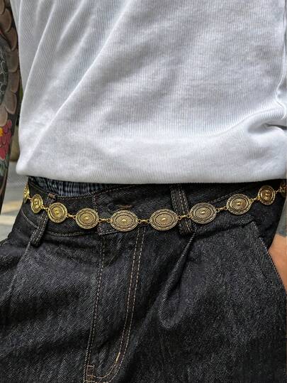 1pc Vintage Carved Print Oval Patchwork Men's Body Chain, Personalized Fashion Street Party Music Festival Punk Hip-Hop Men's Waist Chain