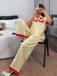 Dreamivo Fresh Plaid Cherry Fruit Print Collared Ruffle Short Sleeve Long Pants Women's Pajama Set - Yellow - View 3
