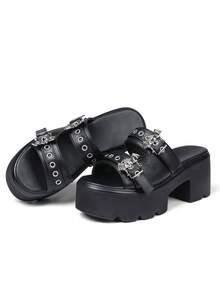 Womens Platform Sandals Round Open Toe Chunky Heel Goth Slipper Metallic Buckles Slip On Home Beach Outdoor Casual Walking Summer Sandals For Women - 黑色 - 查看 9