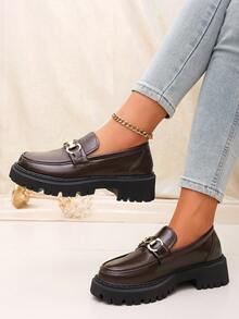 Brown Metal Horsebit Chunky Loafers - Retro Vintage Platform Slip-Ons With Lug Sole For Autumn Outfits, Library & Date - Brown - View 4