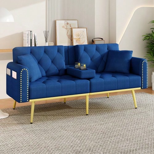 Double Fold-Out Sofa Bed With Reclining Function, Three Adjustable Reclining Angles, And Cup Holders. Suitable For Living Rooms, Bedrooms, Home Theaters, Or Guest Rooms. Fabric Cover, Blue.