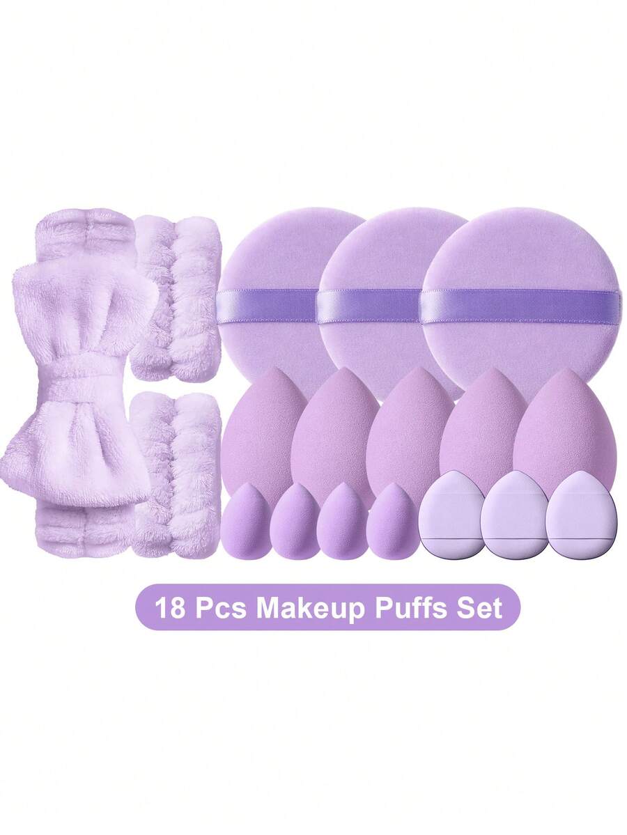 6/18pcs Light Purple Makeup Puff Set, Bow Plush Headband, Wristband, Round Puff, Large And Mini Teardrop Sponge, Finger Cushion Puff, Multi-Functional Washable Daily Facial Makeup Blending Accessories - Mauve Purple - View 1