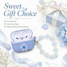 Cute Light Blue Cherry Blossom Bluetooth Earphone Case Compatible With AirPods Pro 2 Protective Cover With Blue Beaded Lanyard - Baby Blue - View 6