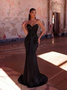 ADYCE Elegantes schwarzes Bandeau-Top mit plissierter Spitze, Fischgräten-Design, hoher Taille, Schlitz hinten, Bindeband und Fishtail-Saum, bodenlanges Kleid für Abschlussball, Geburtstagsparty, Abend, Herbst - Schwarz - Übersicht 6