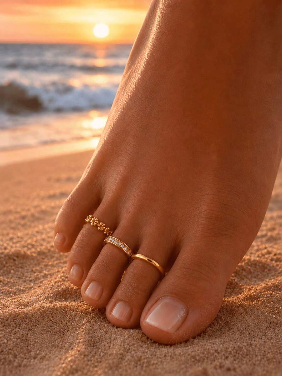 3 piezas Anillos para los dedos de los pies con diseño hueco y tallado, incluye joyería para los pies - Dorado - Ver 1