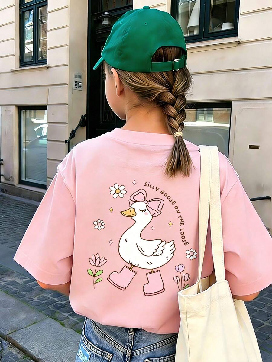 青少年女孩休閒趣味印花圓領套頭短袖T恤夏季上衣 - 粉色 - 查看 1