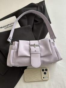 Bolso de hombro de moda dulce para dama, bolso de estilo coreano fresco para llevar bajo el brazo con remaches, hebilla, forma cuadrada, diseño plisado, gran capacidad - Púrpura malva - Ver 7