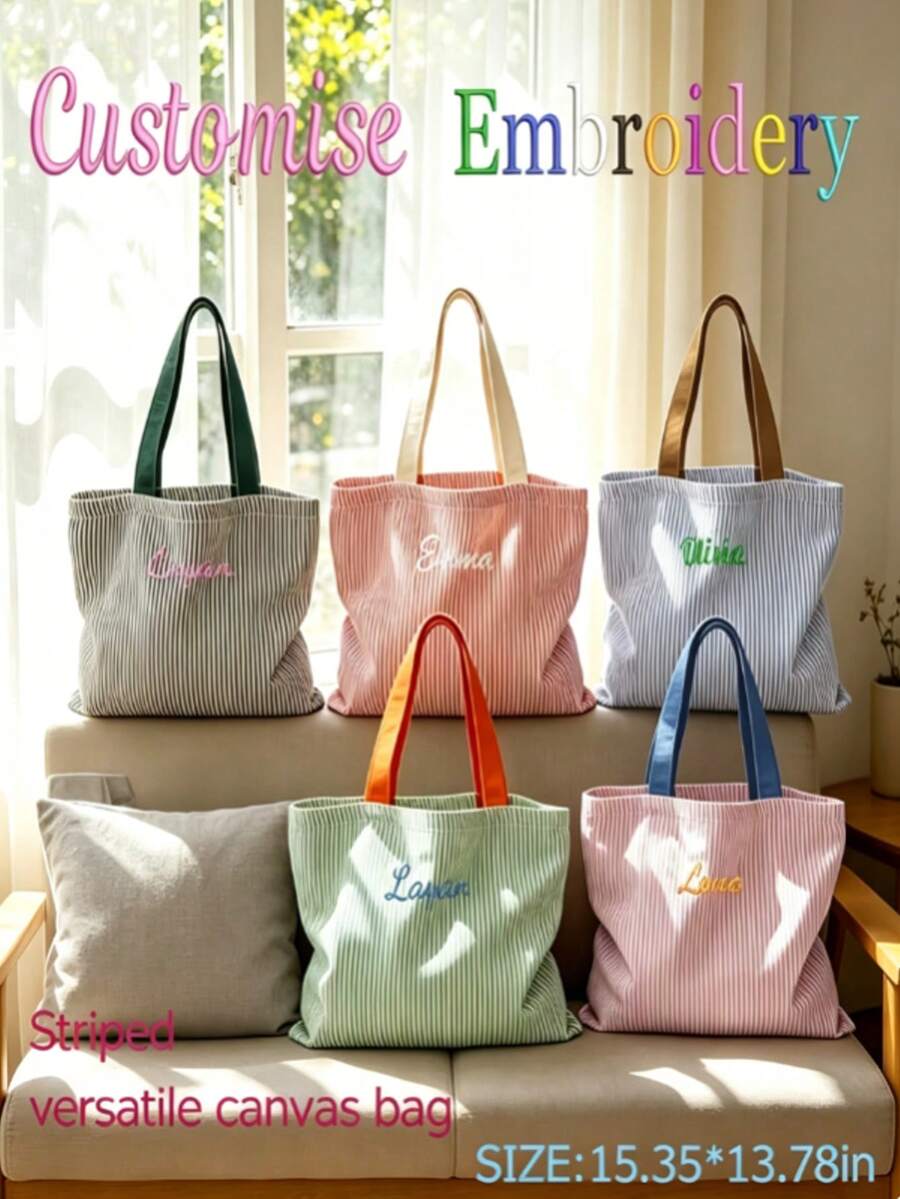 Custom Embroidered Ins Style Striped Bag, Dopamine Contrast Large Capacity Tote, High Aesthetic Daily Versatile Shoulder Bag - Multicolor - View 1