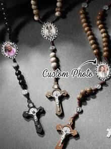 1pc Customized Cross Photo Necklace, Memorial Beaded Necklace, Gift For Her, Natural Walnut Wood Cross Pendant, A Personalized Gift Prepared Specially For Him/Her, Anniversary - Multicolor - View 1