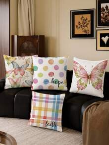 shangxia 4PCS- Ins Spring Watercolor Butterfly Pattern Printed Pillow Covers, Soft Rainbow Polka Dot Plaid Healing Inspirational Handwritten English Cushion Covers, Fresh Gentle Healing Atmosphere Soft Decor Essential - (Pillow Insert Not Included) - (Printed) - (No Embroidery) - Multicolor - View 10