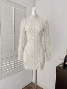 Coquette Fall Women Mock Neck Cable Knit Bodycon Mini Dress, Long Sleeve Open Back Backless Slim Fit Short Knitted Sweater Dress For Night Out White - White - View 5
