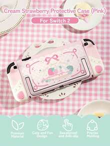 GeekShare 1件裝可愛奶油草莓圖案可拆卸軟矽膠保護殼，相容 Switch 2，輕量防摔遊戲主機保護套，含 2 個搖桿帽 - 查看 3