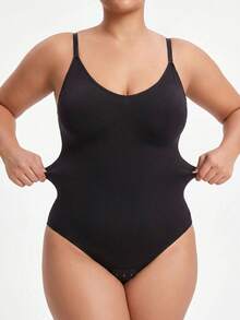 Black Plus Size Bodysuit With Spaghetti Strap Neckline Back-Enhancing Knitted Fabric Sleeveless Cami Style Summer - Black - View 6