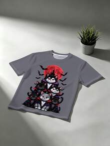 "Black Cat Castle Red Moon Bat Print" Pattern Plus Size Men's Sports Top Men's Casual Short Sleeve T-Shirt Minimalist Series - Polyester Knit Fabric, Crew Neck Design, Regular Fit, Suitable For Plus Size Body - Grey - View 2